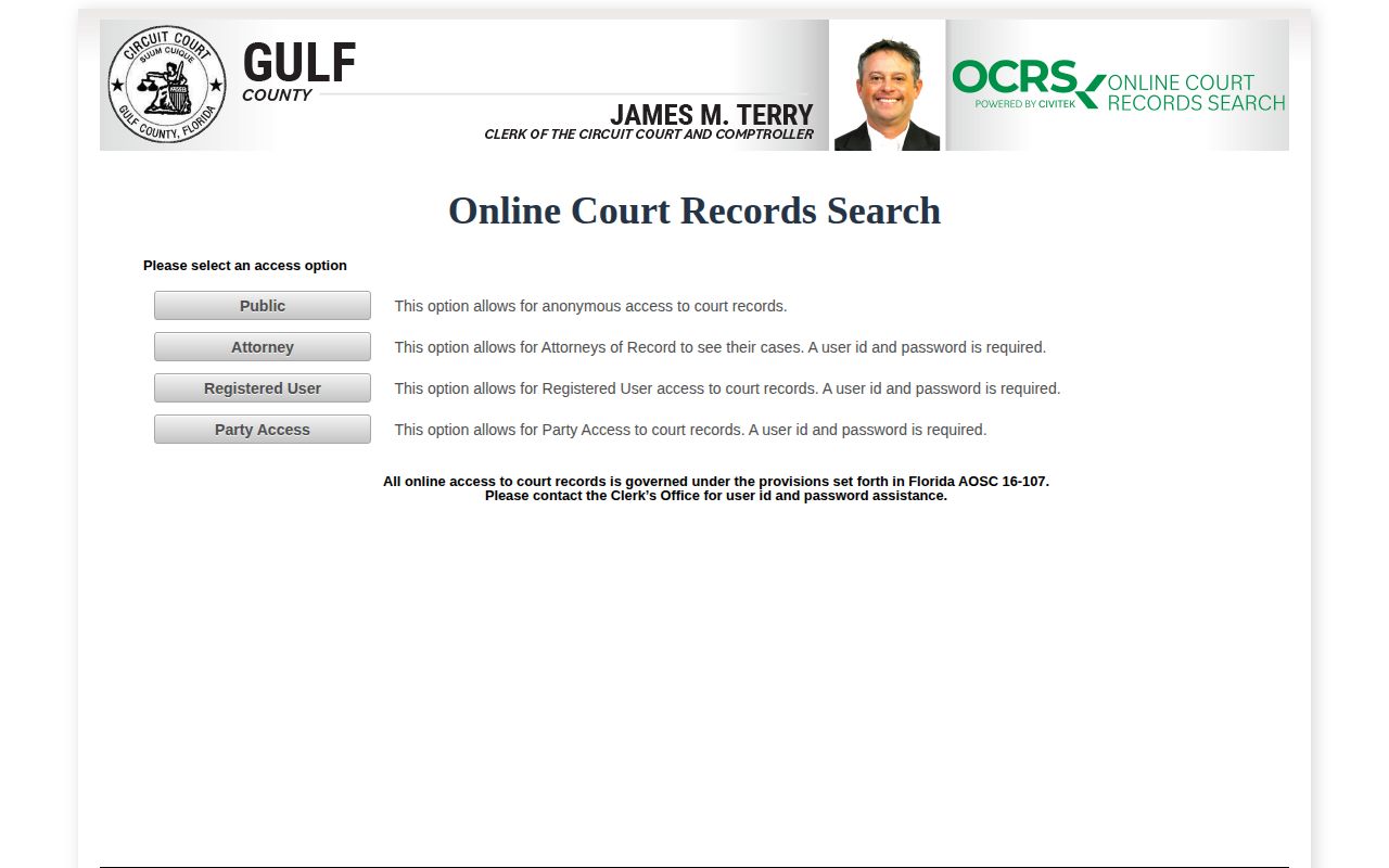 Gulf County CiviTek anonymous court-record search screen