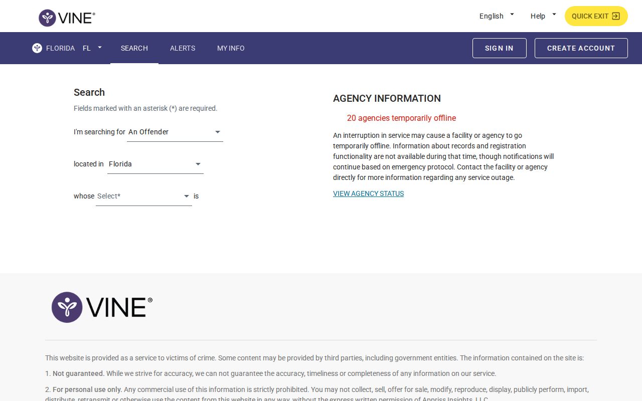 Florida VINELink person search and alert registration interface
