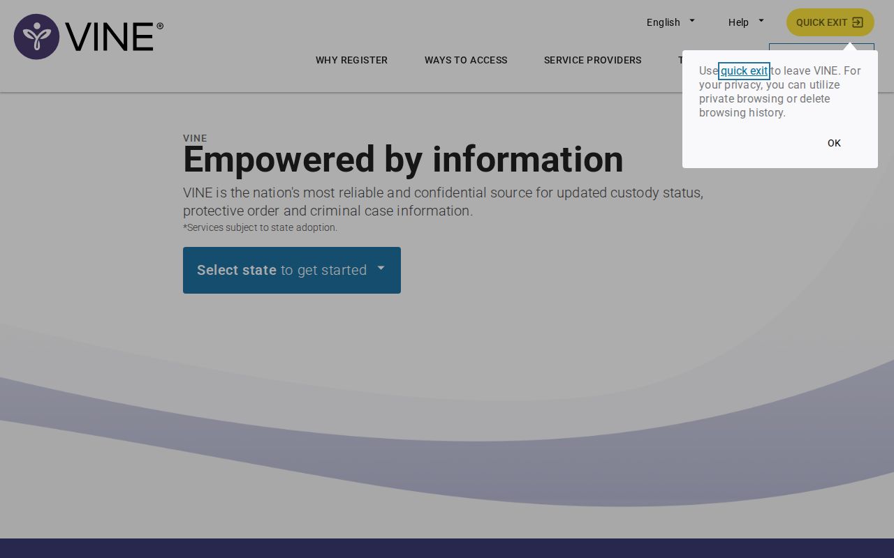 VINELink state selection and custody search landing screen