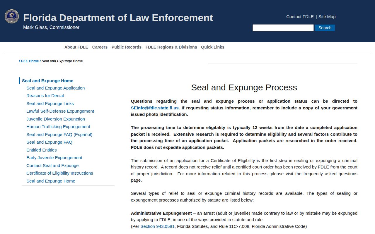 Florida FDLE seal and expunge certificate process instructions