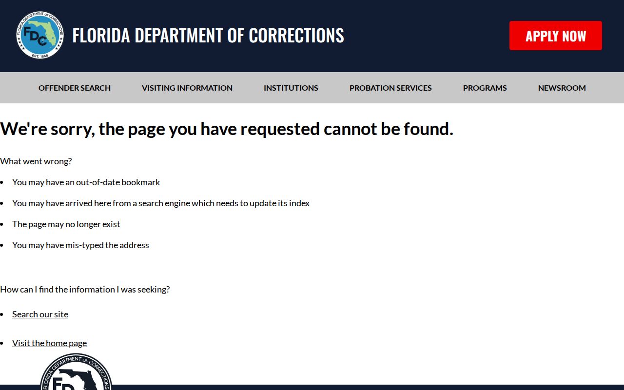 Florida Department of Corrections state offender search page